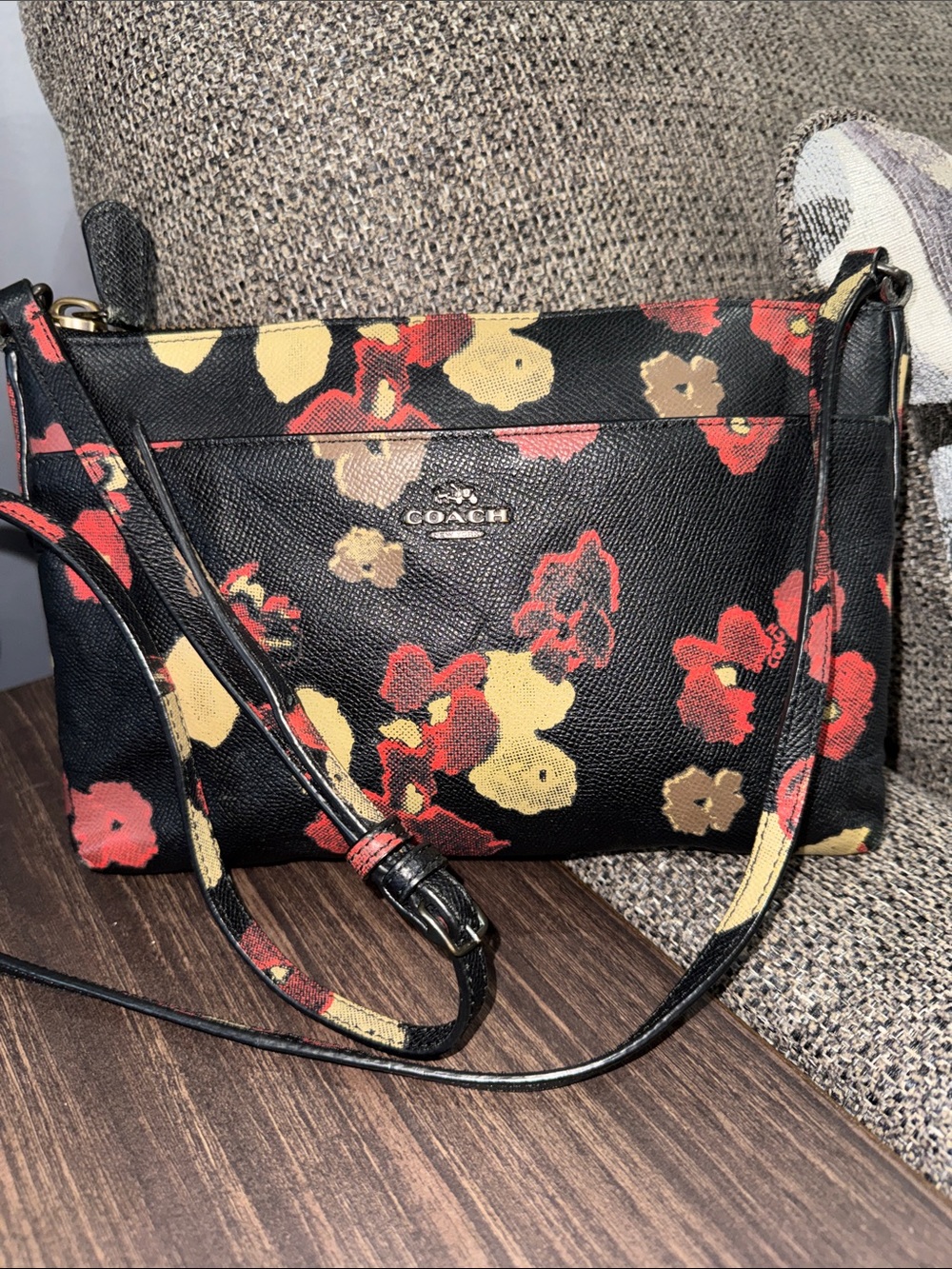 COACH Black Floral Crossbody with Red and Yellow Blooms